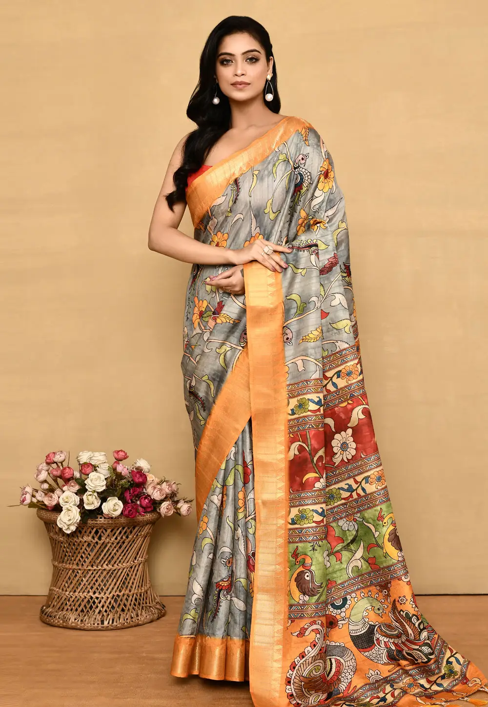 Grey Tussar Silk Saree With Blouse 296298