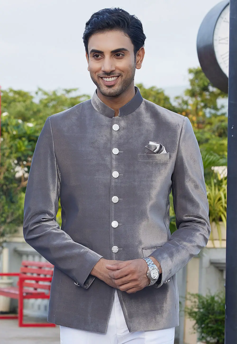 Grey Velvet Jodhpuri Suit 302197