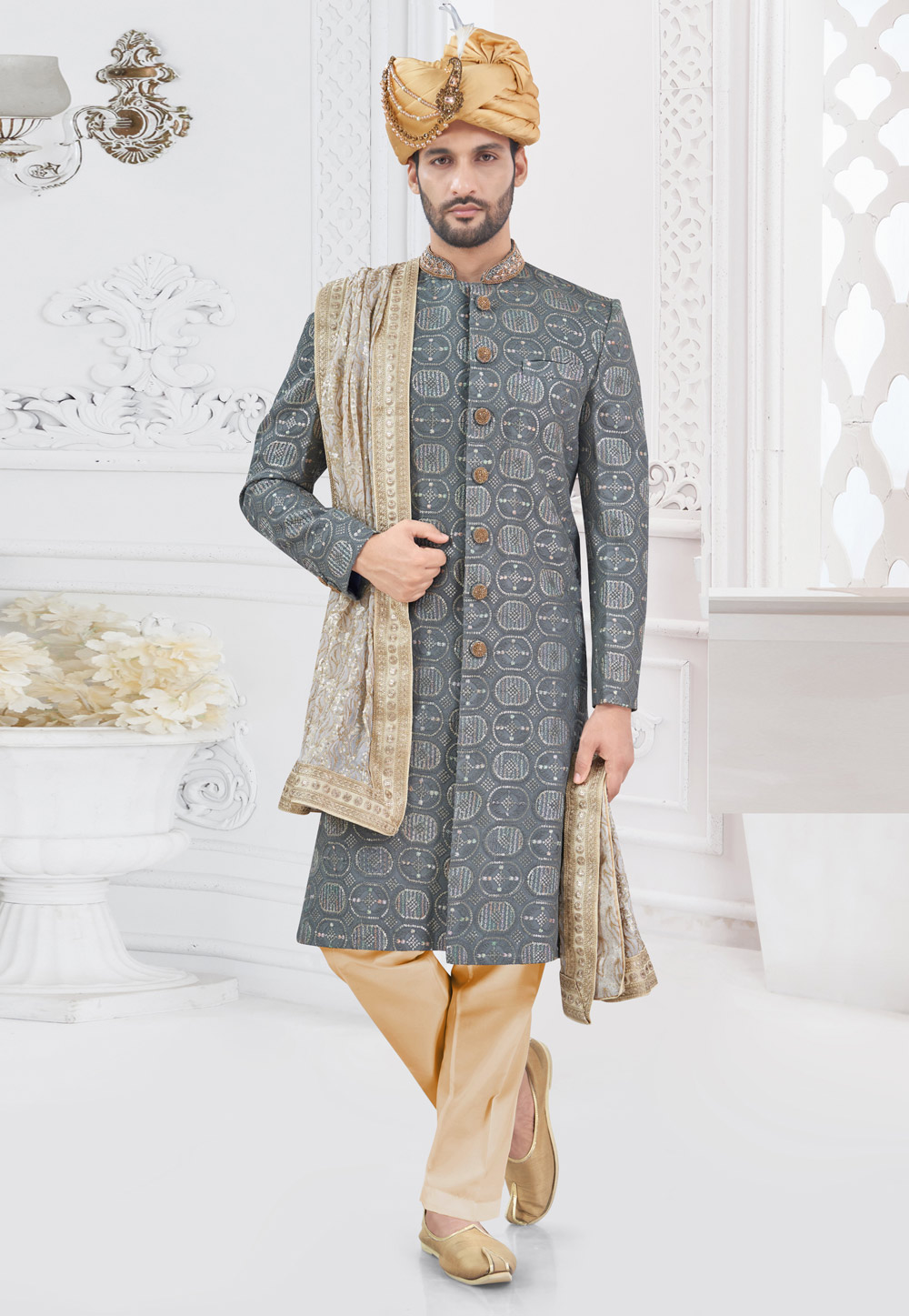 Grey Viscose Georgette Achkan Style Sherwani 305178