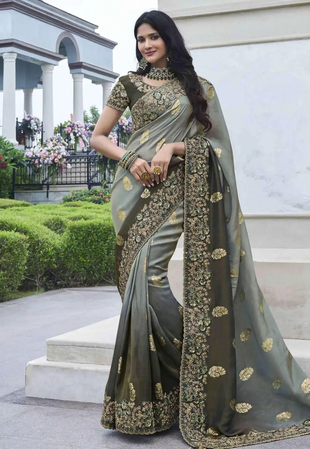 Grey Viscose Half N Half Saree 294827