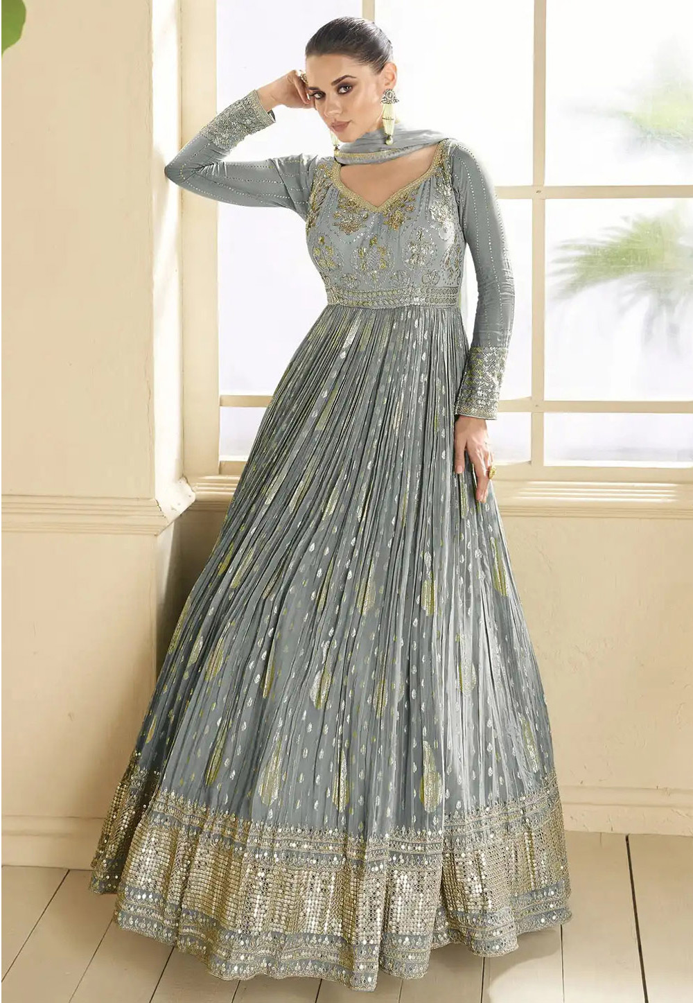 Grey Viscose Jacquard Anarkali Suit 288777