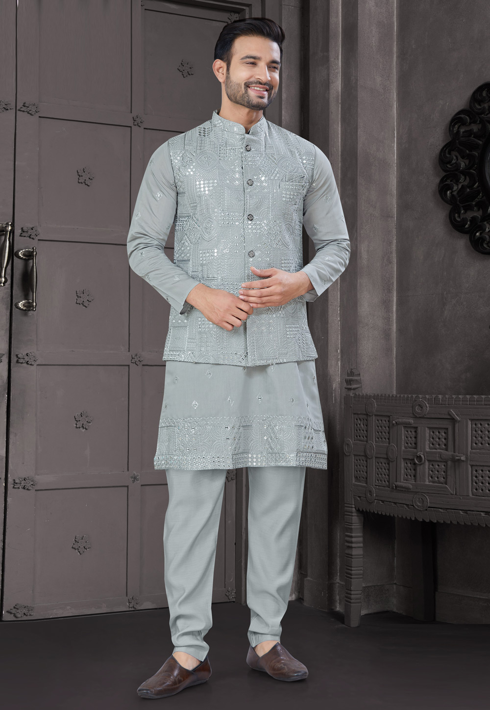 Grey Viscose Kurta Pajama With Jacket 304924