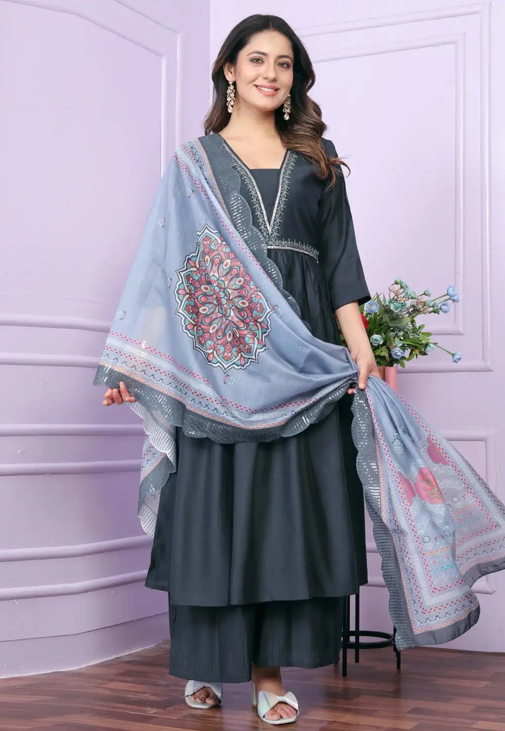 Grey Viscose Readymade Pakistani Suit 289148