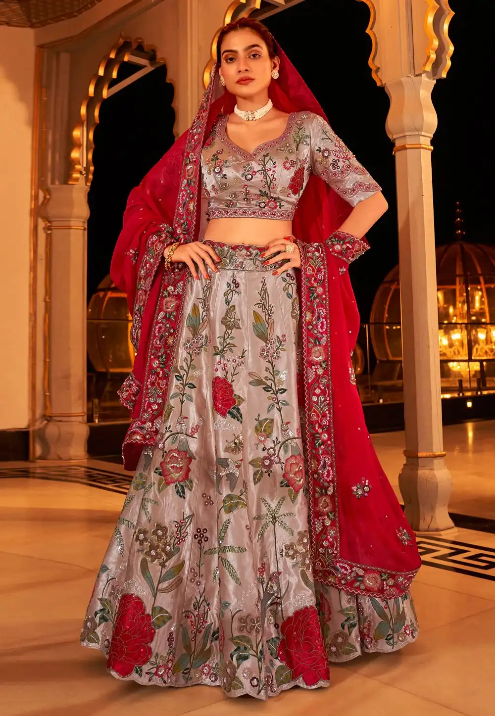 Grey Viscose Satin Bridal Lehenga Choli 292040