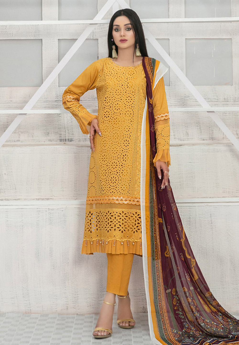Yellow Cotton Straight Suit 276405