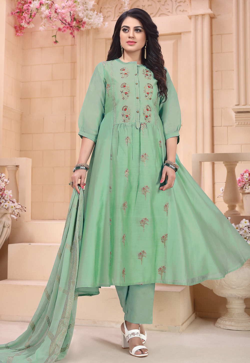 Light Green Chanderi Readymade Pant Style Suit 195064