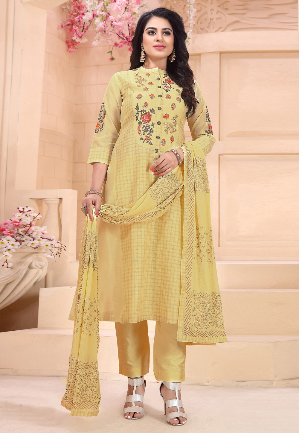 Yellow Chanderi Readymade Kameez With Pant 195065