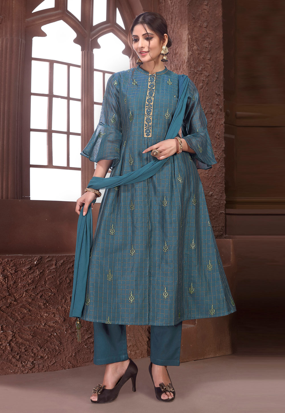 Blue Chanderi Readymade Pant Style Suit 195068