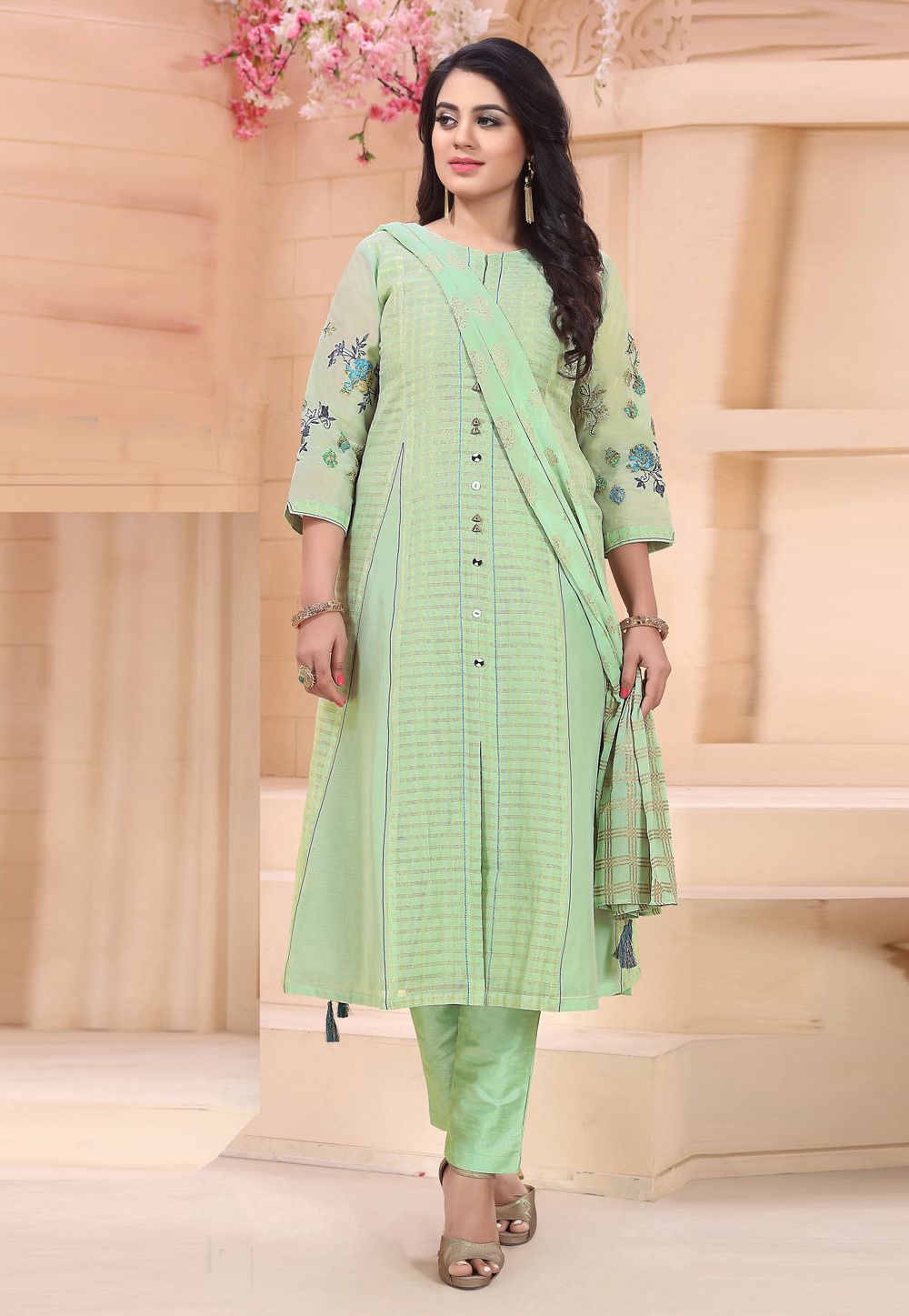 Light Green Chanderi Readymade Kameez With Pant 195069