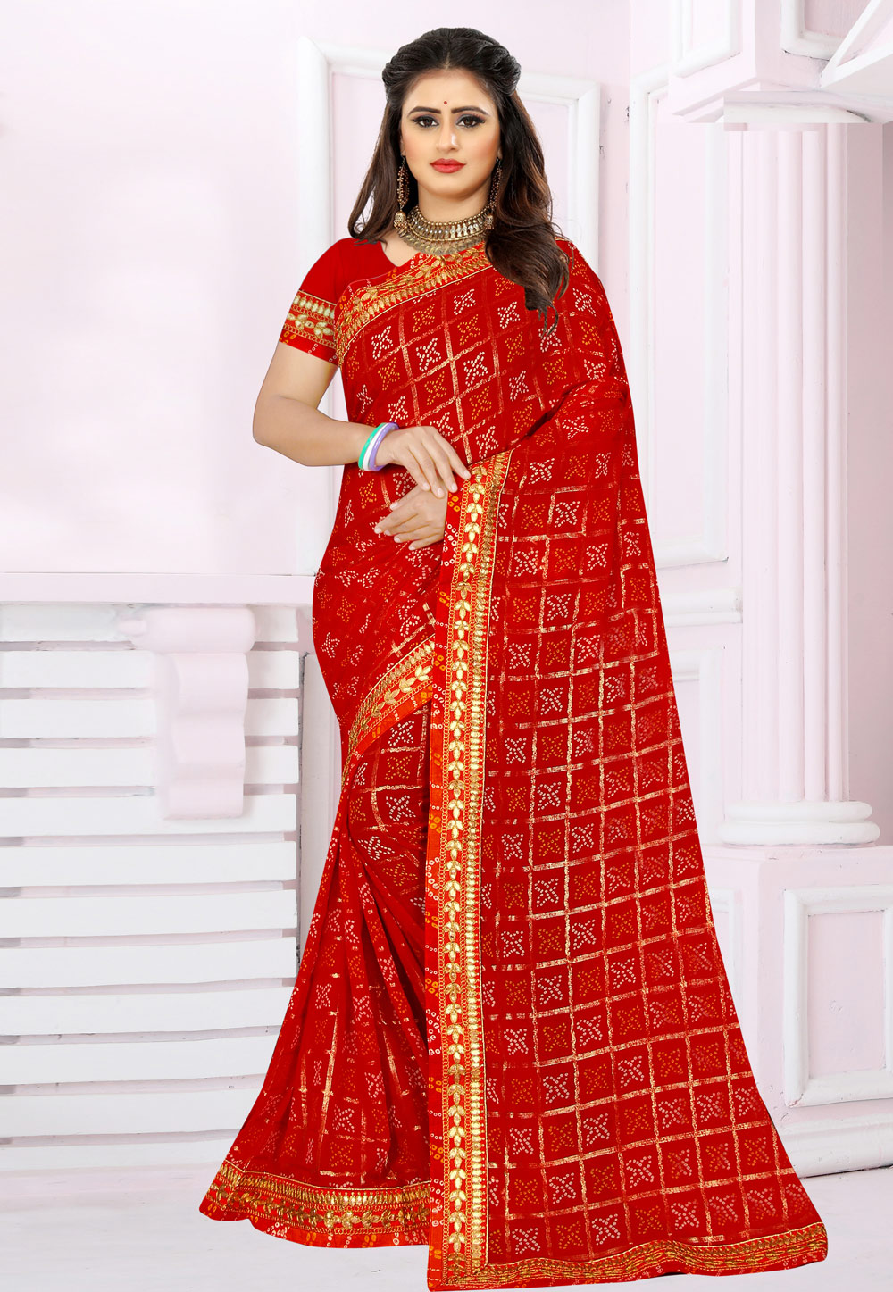 Red Georgette Bandhani Print Saree 221898