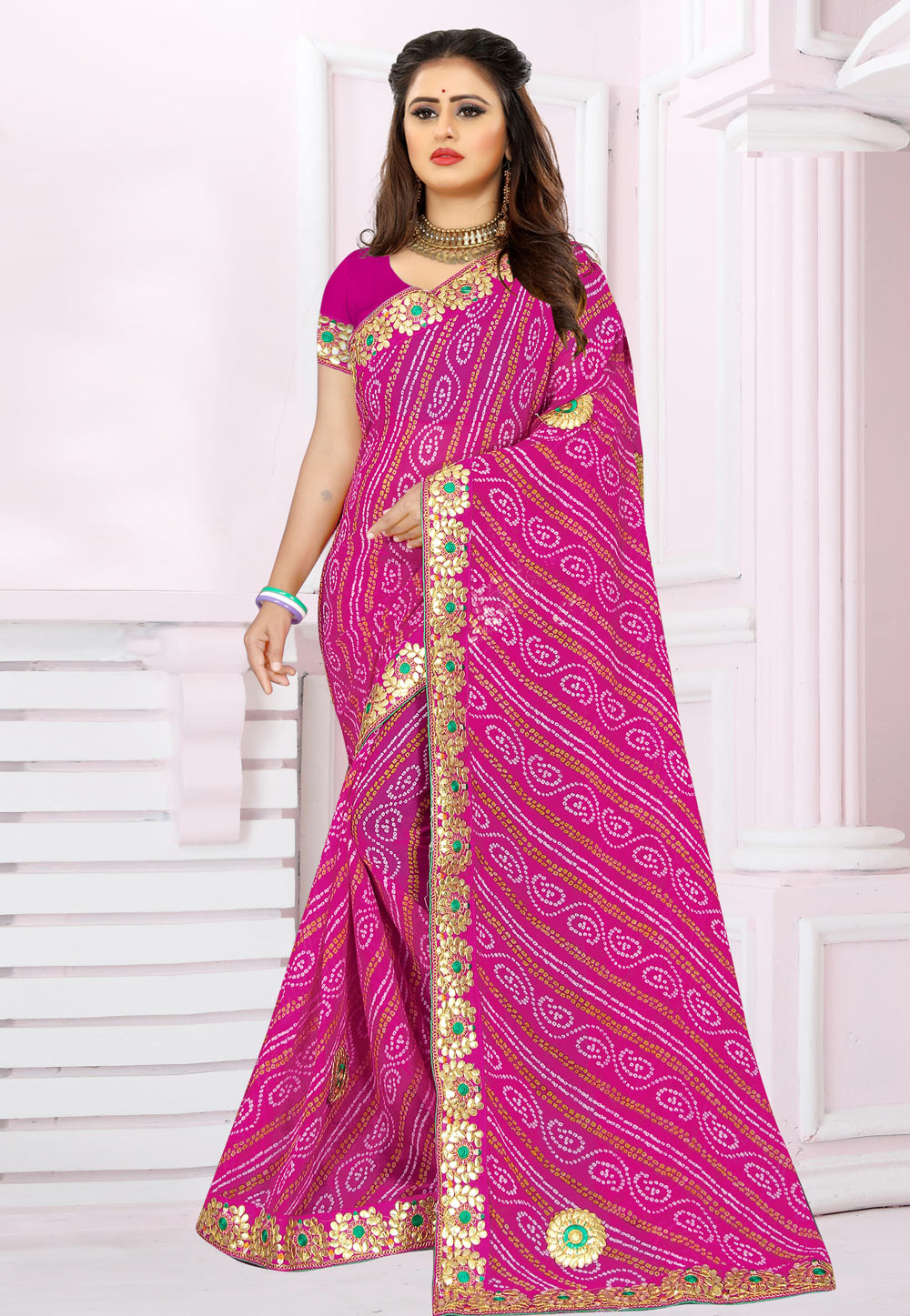 Pink Georgette Bandhani Print Saree 221899