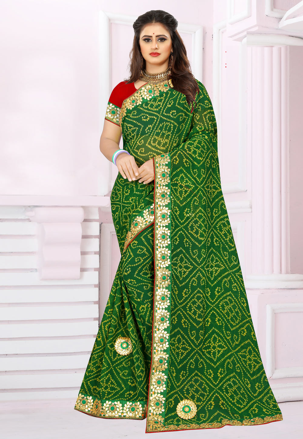 Green Georgette Bandhani Print Saree 221901
