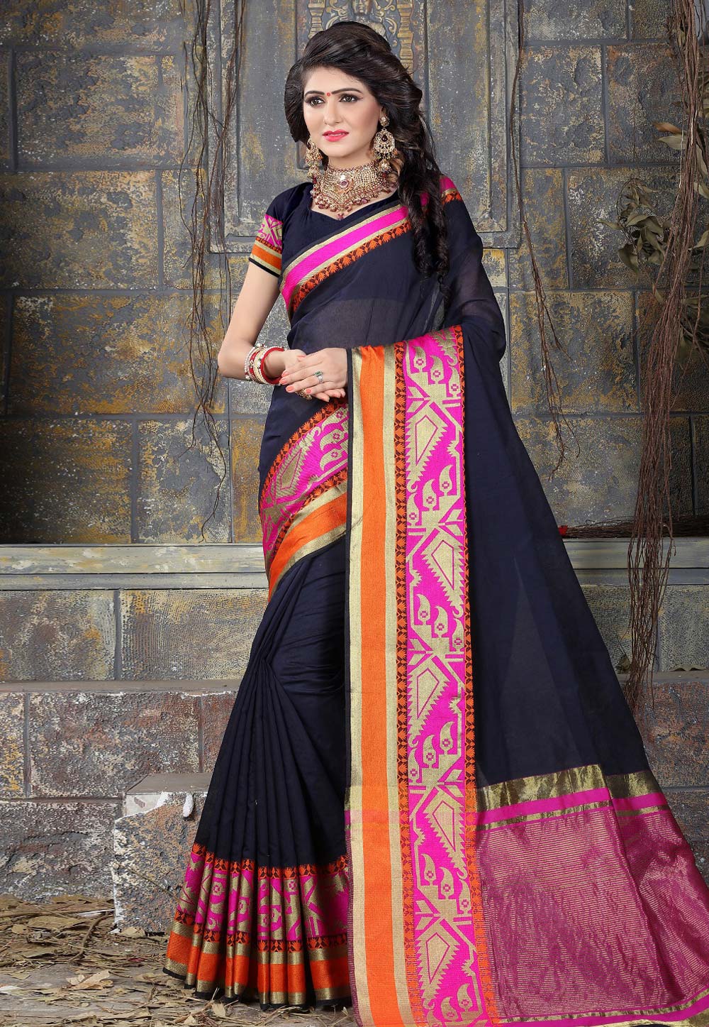Navy Blue Silk Saree With Blouse 162978