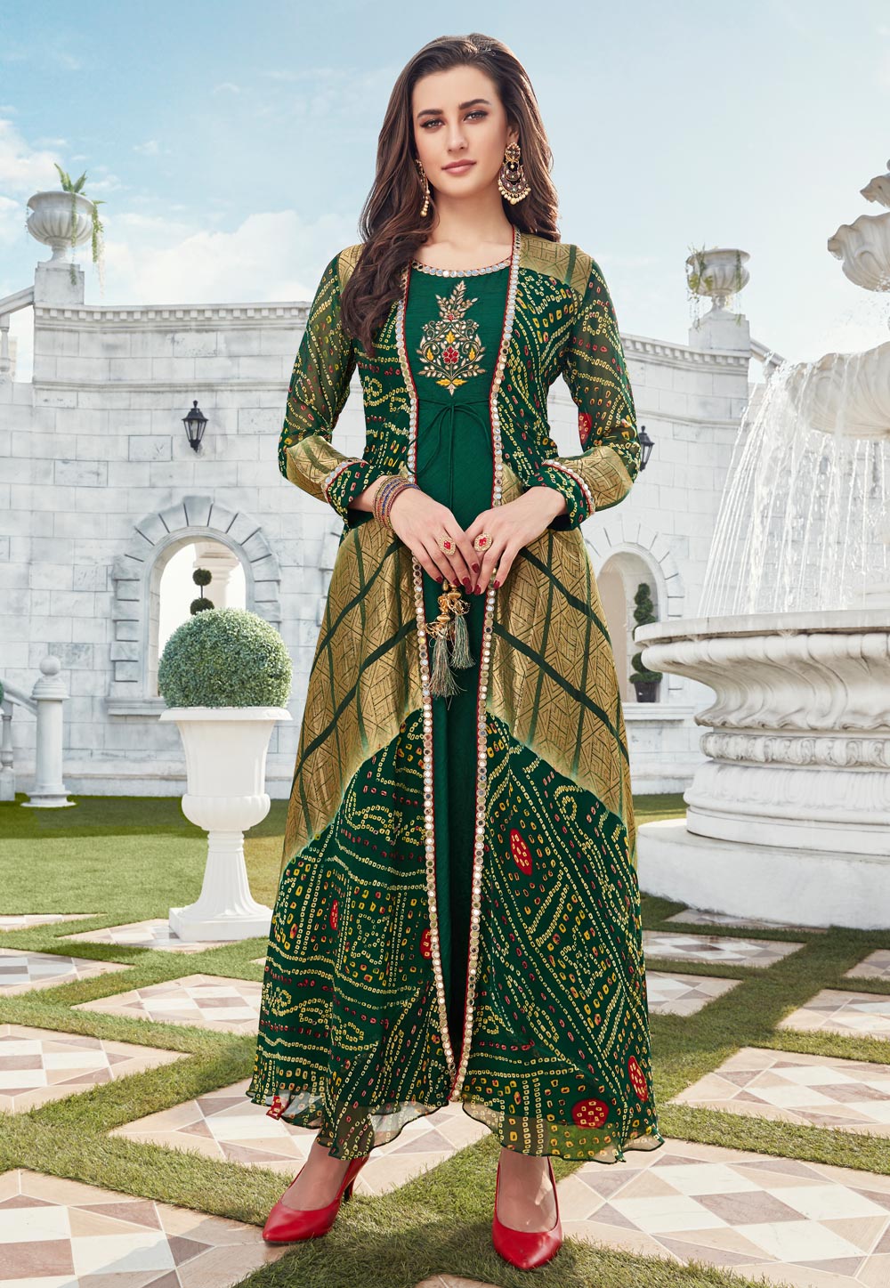 Green Silk Readymade Gown With Jacket 199890