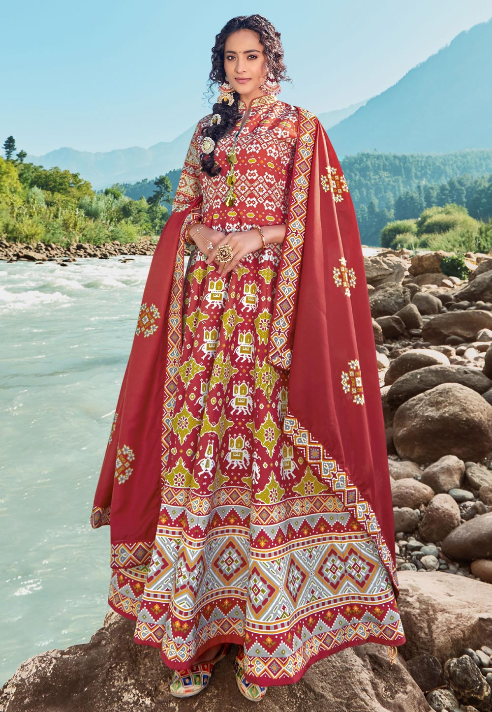 Red Silk Readymade Abaya Style Anarkali Suit 234865