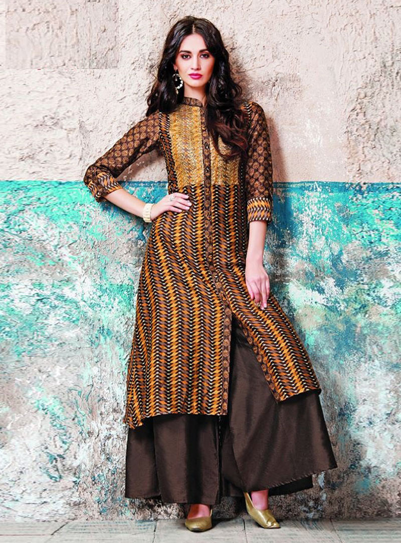 Brown Cotton Readymade Palazzo Suit 139899