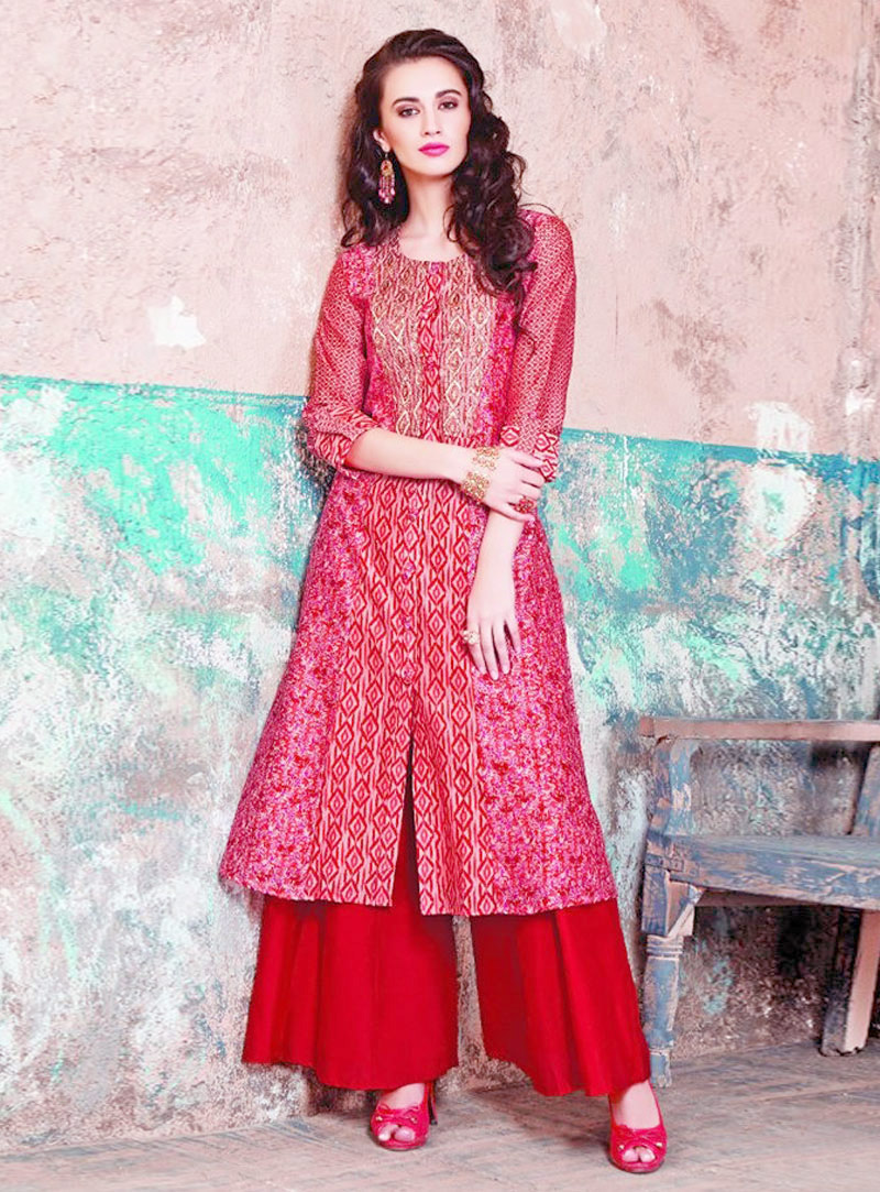 Red Cotton Readymade Palazzo Suit 139901