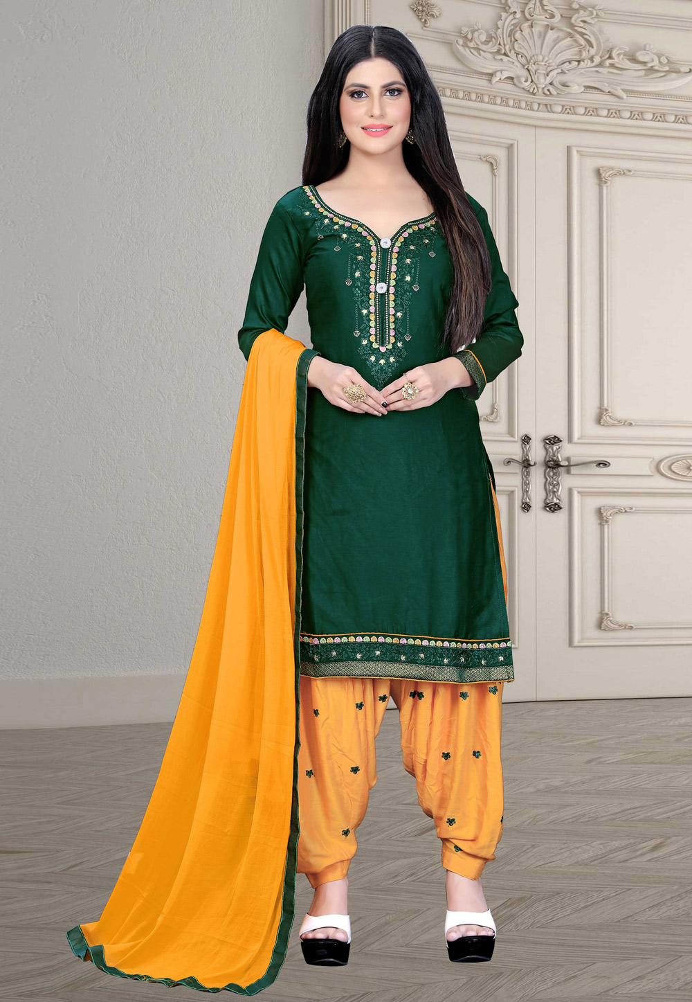 Green Silk Cotton Punjabi Suit 218621