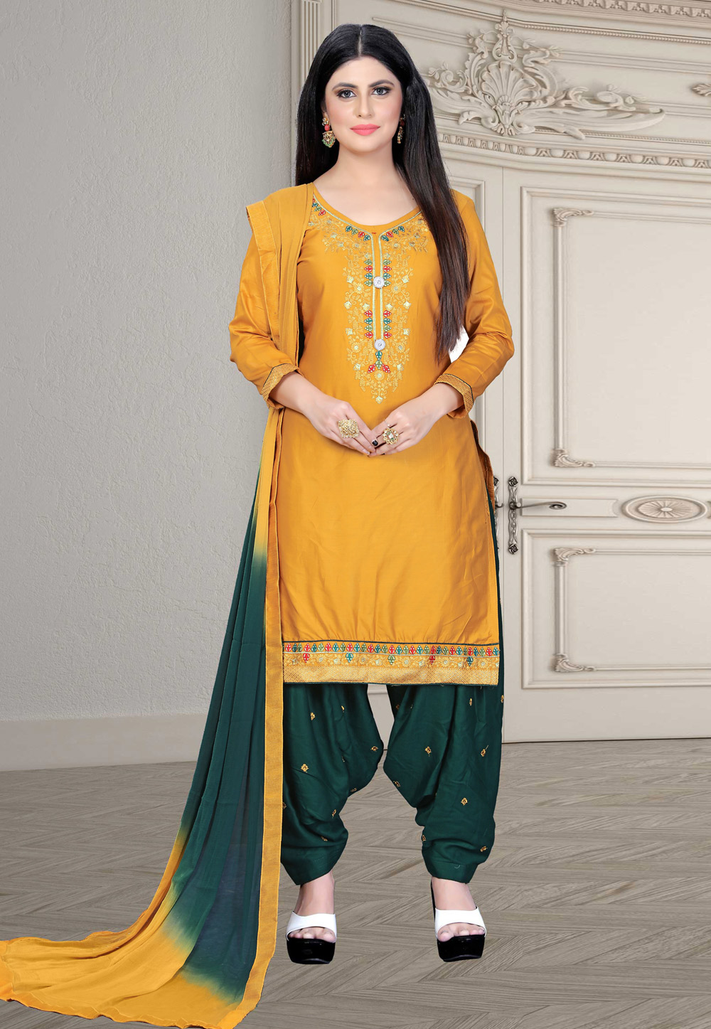 Yellow Silk Cotton Patiala Suit 218622