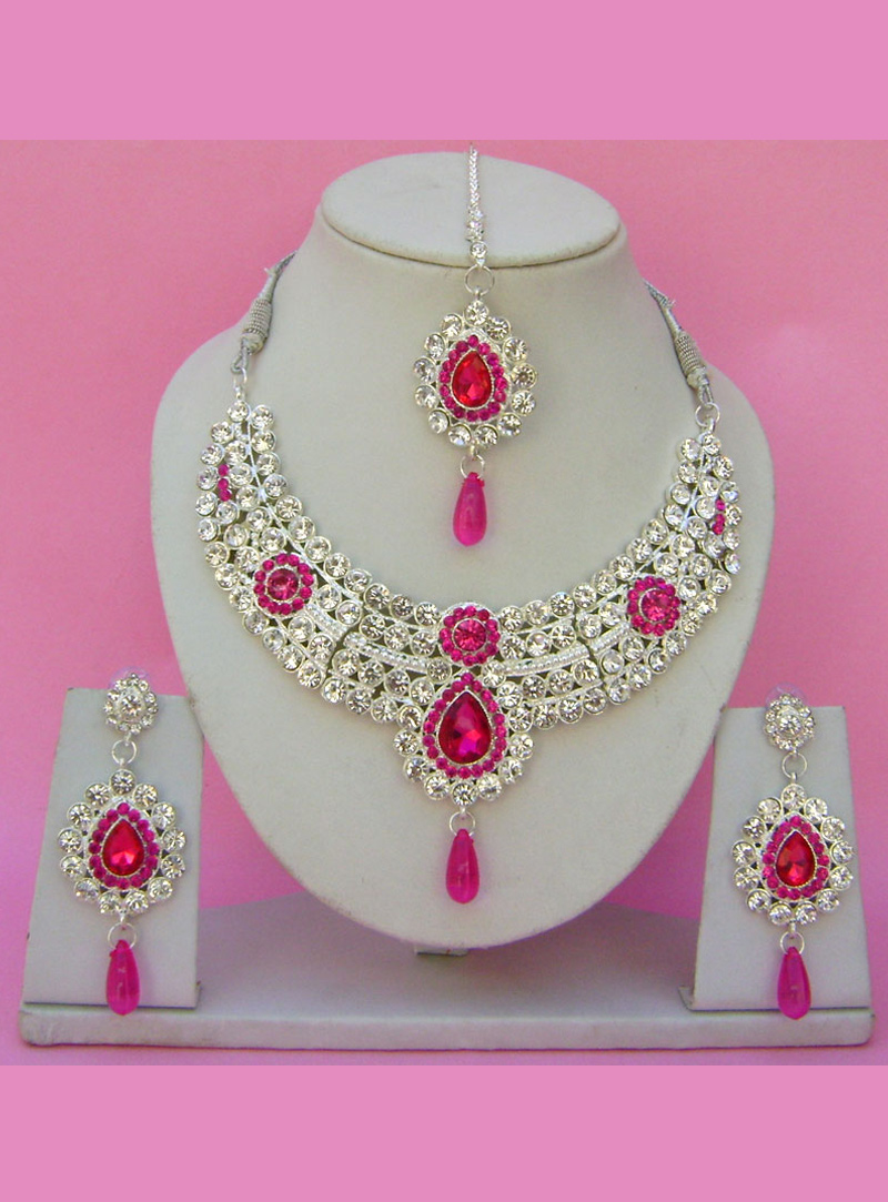 Pink Alloy Zircon Stone Heavy Set With Earrings and Maang Tikka 115656