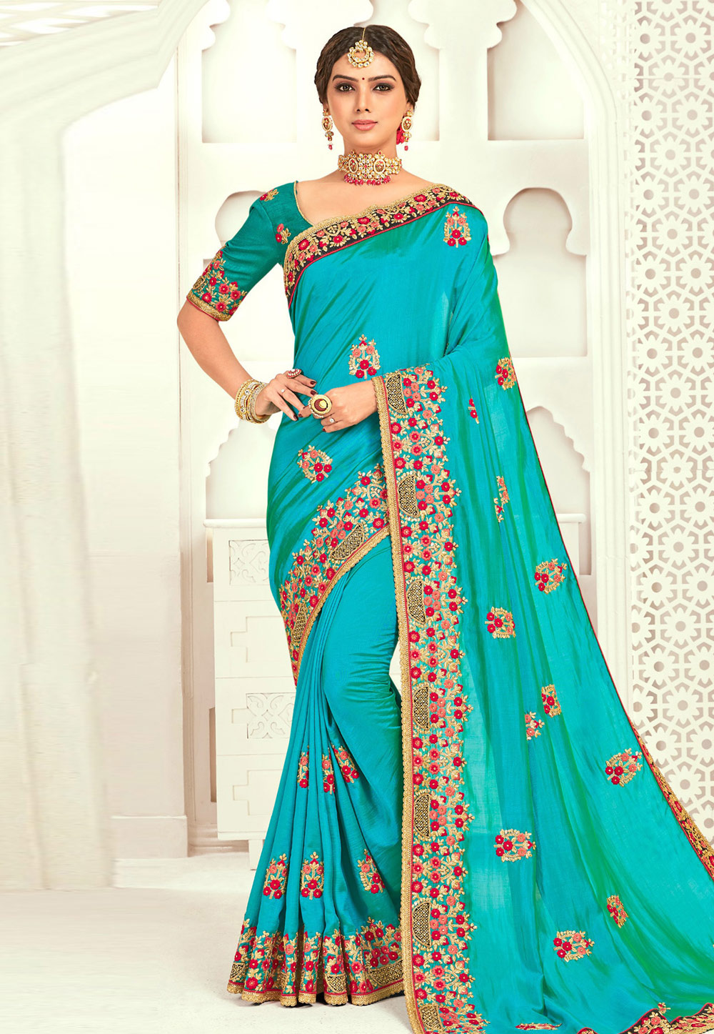 Turquoise Blue Silk Saree With Blouse 196988