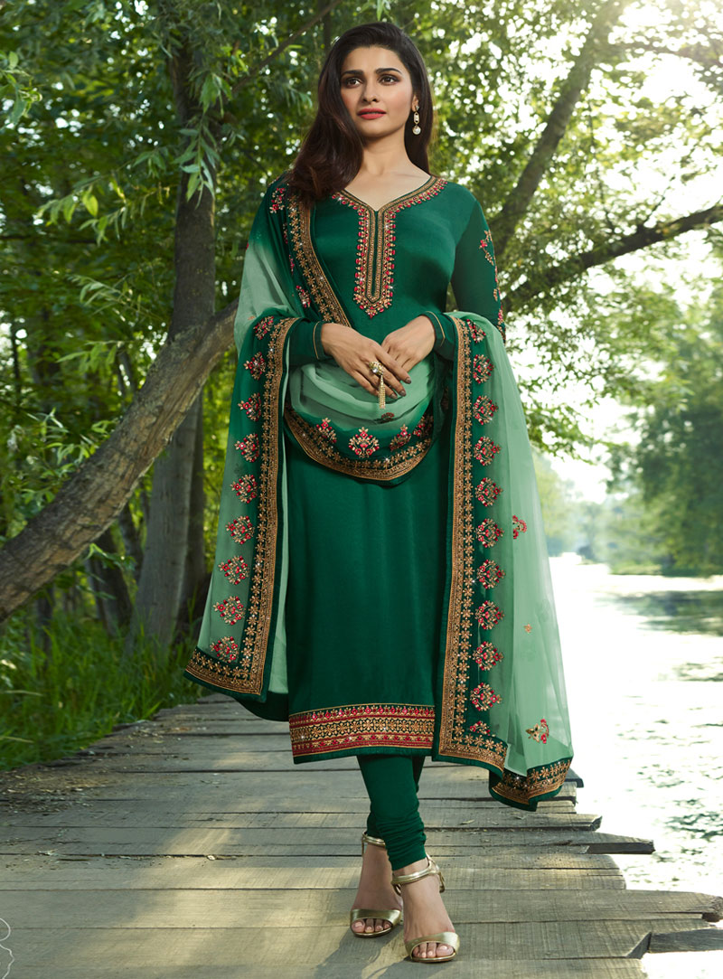 Prachi Desai Green Satin Churidar Suit 148904