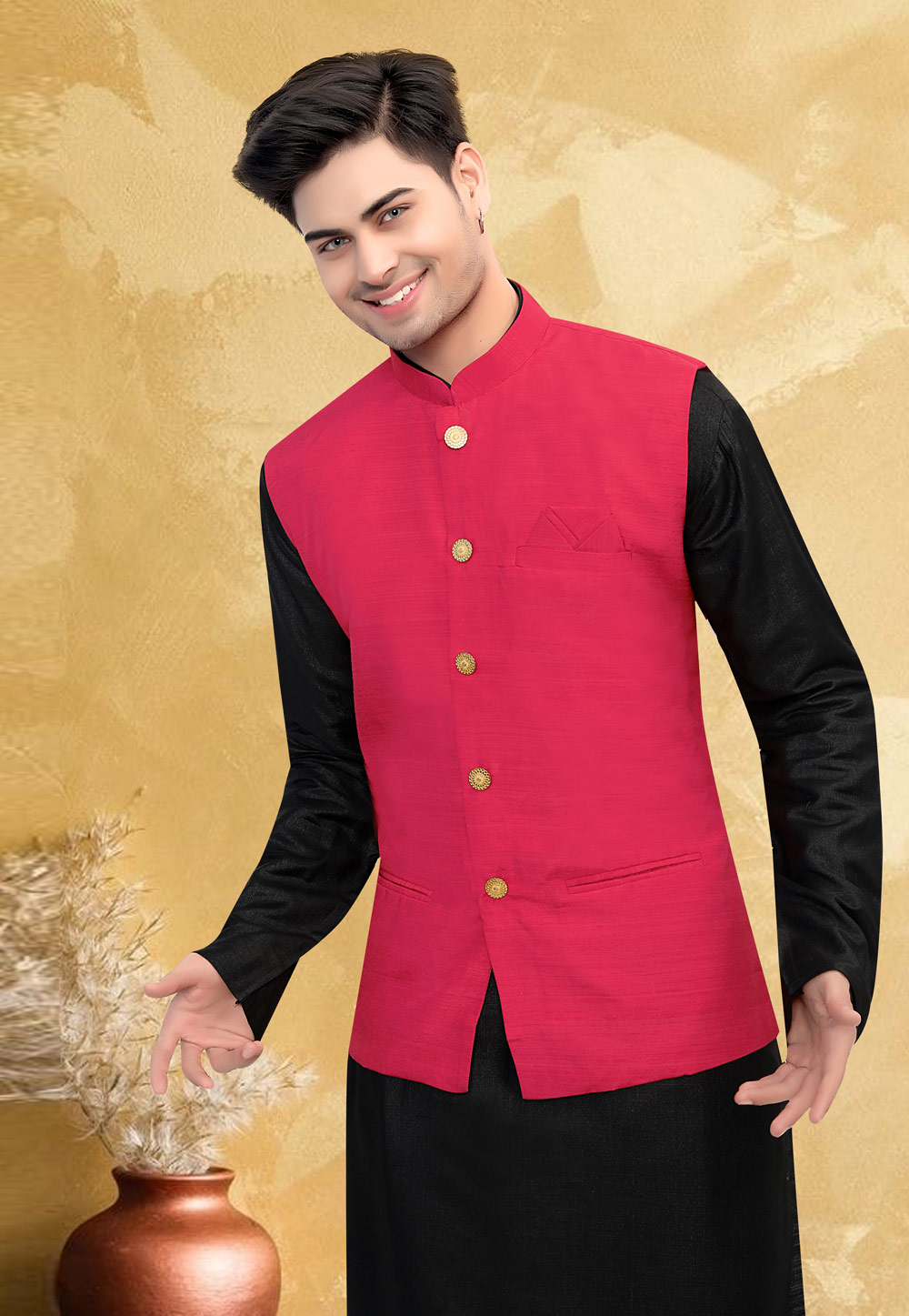 Pink Poly Silk Nehru Jacket 260896