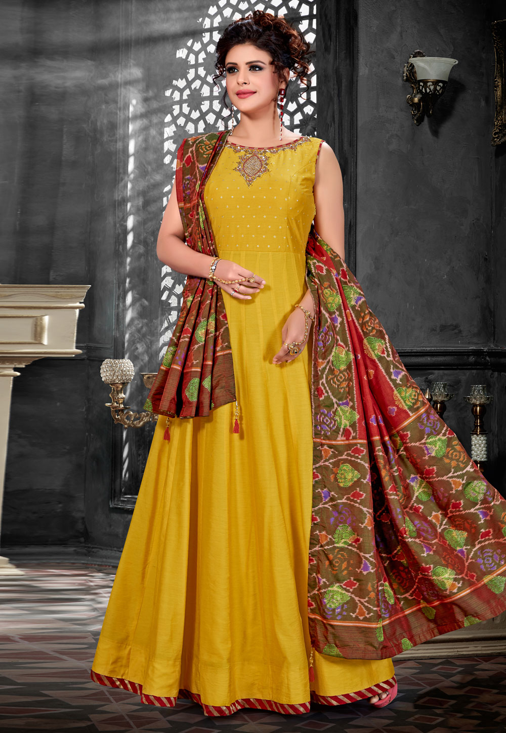 Yellow Silk Readymade Ankle Length Anarkali Suit 175518