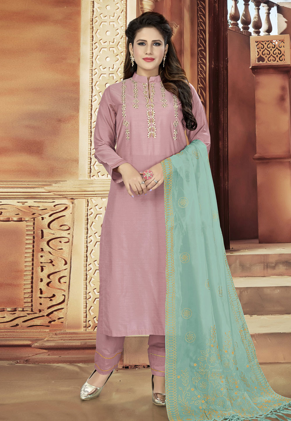 Light Pink Silk Readymade Pant Style Suit 205594