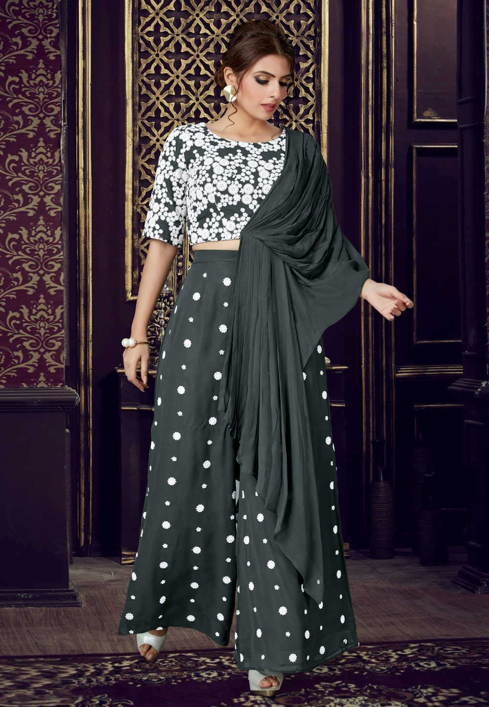 Dark Grey Georgette Readymade Palazzo Suit 205596