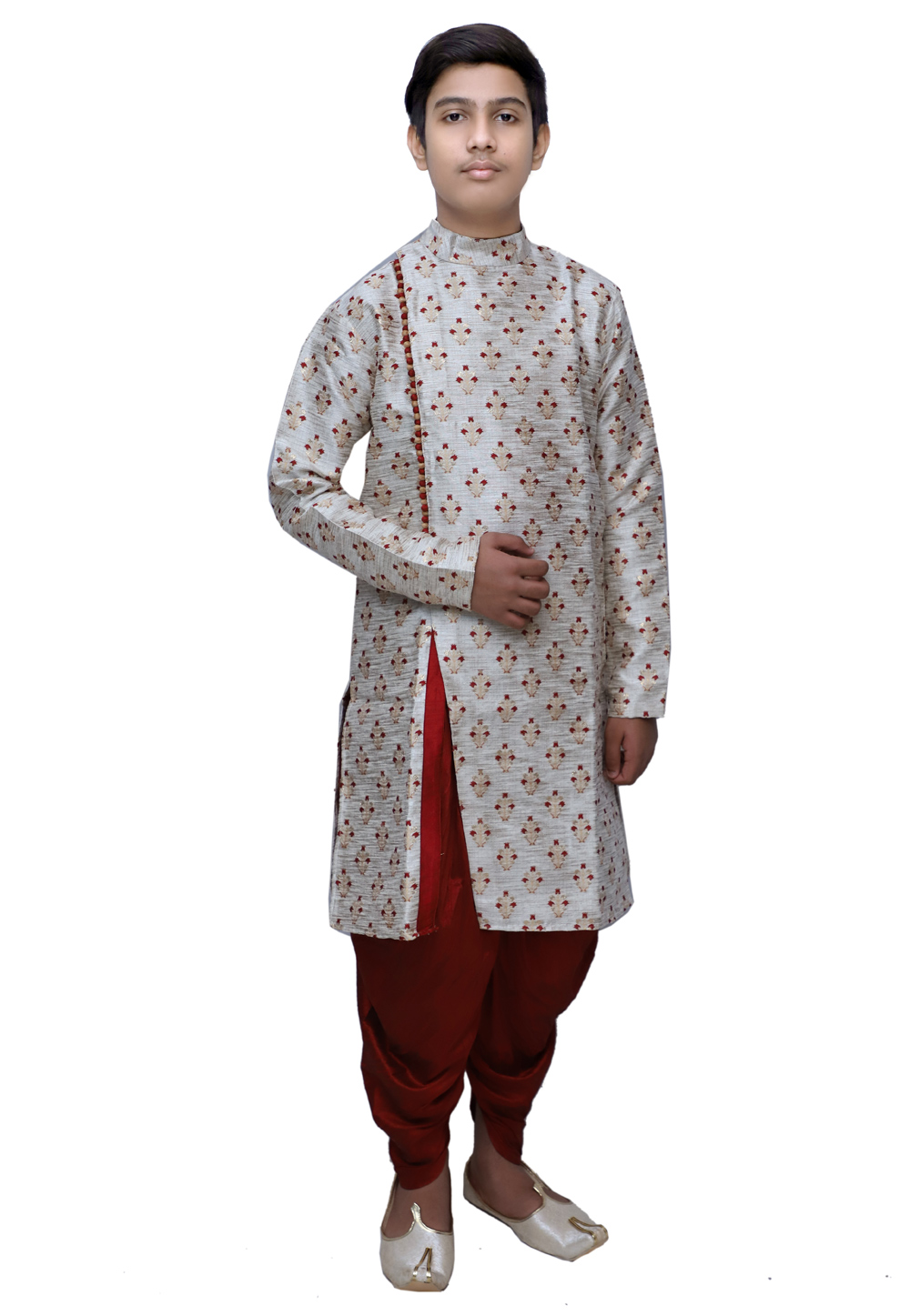 Grey Banarasi Brocade Readymade Kids Indo Western Suit 211379