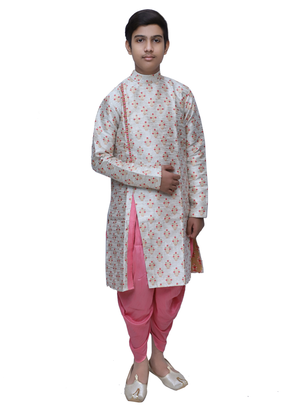 Grey Banarasi Brocade Readymade Kids Indo Western Suit 211380
