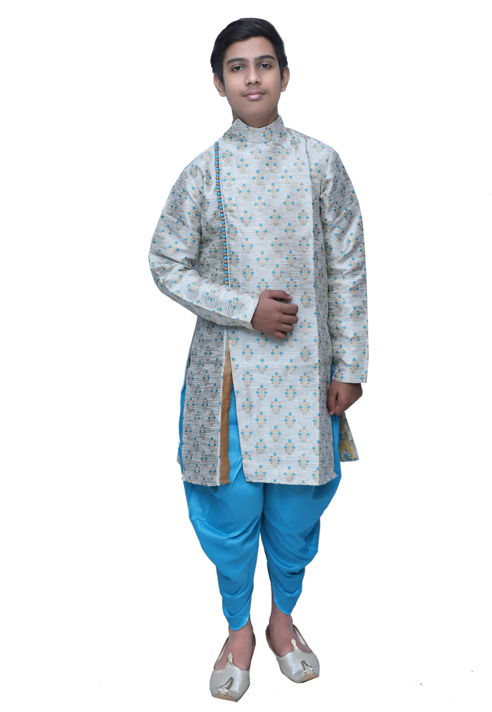 Grey Banarasi Brocade Readymade Kids Indo Western Suit 211381