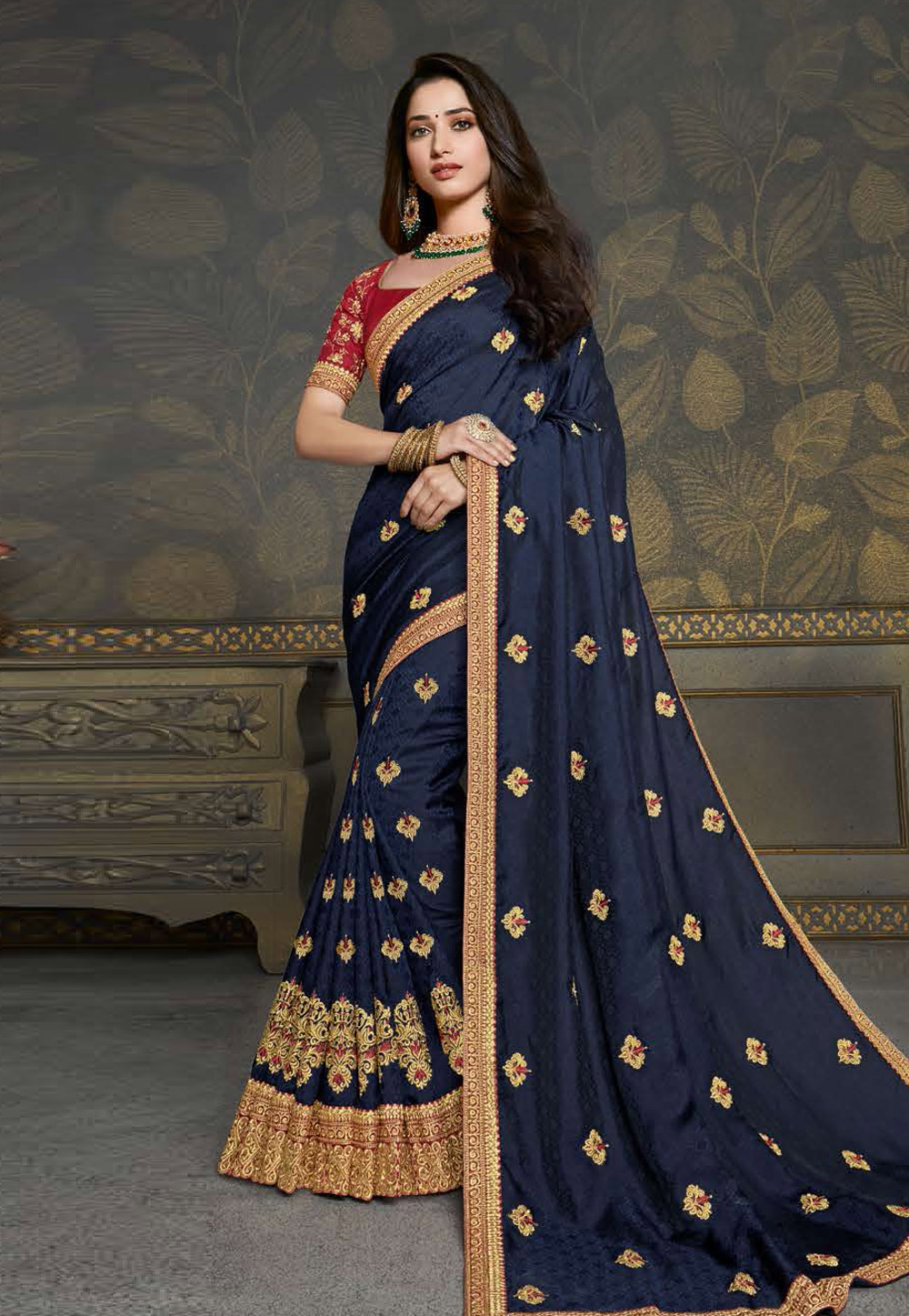 Tamannaah Bhatia Navy Blue Satin Silk Party Wear Saree 220861