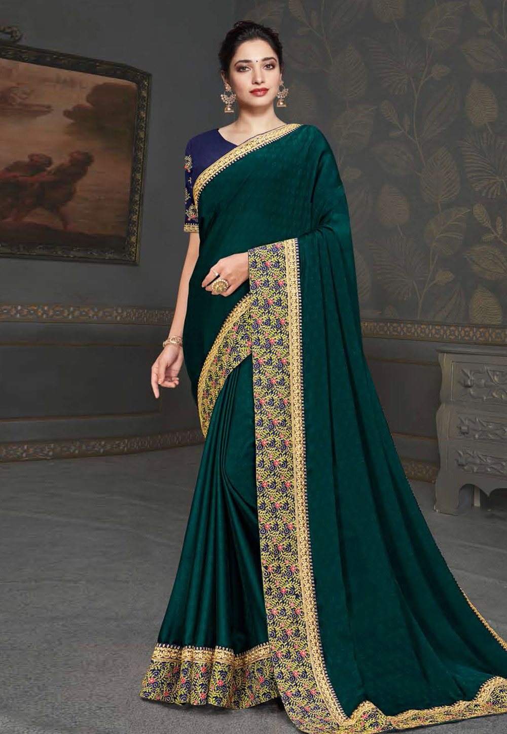 Tamannaah Bhatia Green Satin Silk Party Wear Saree 220863