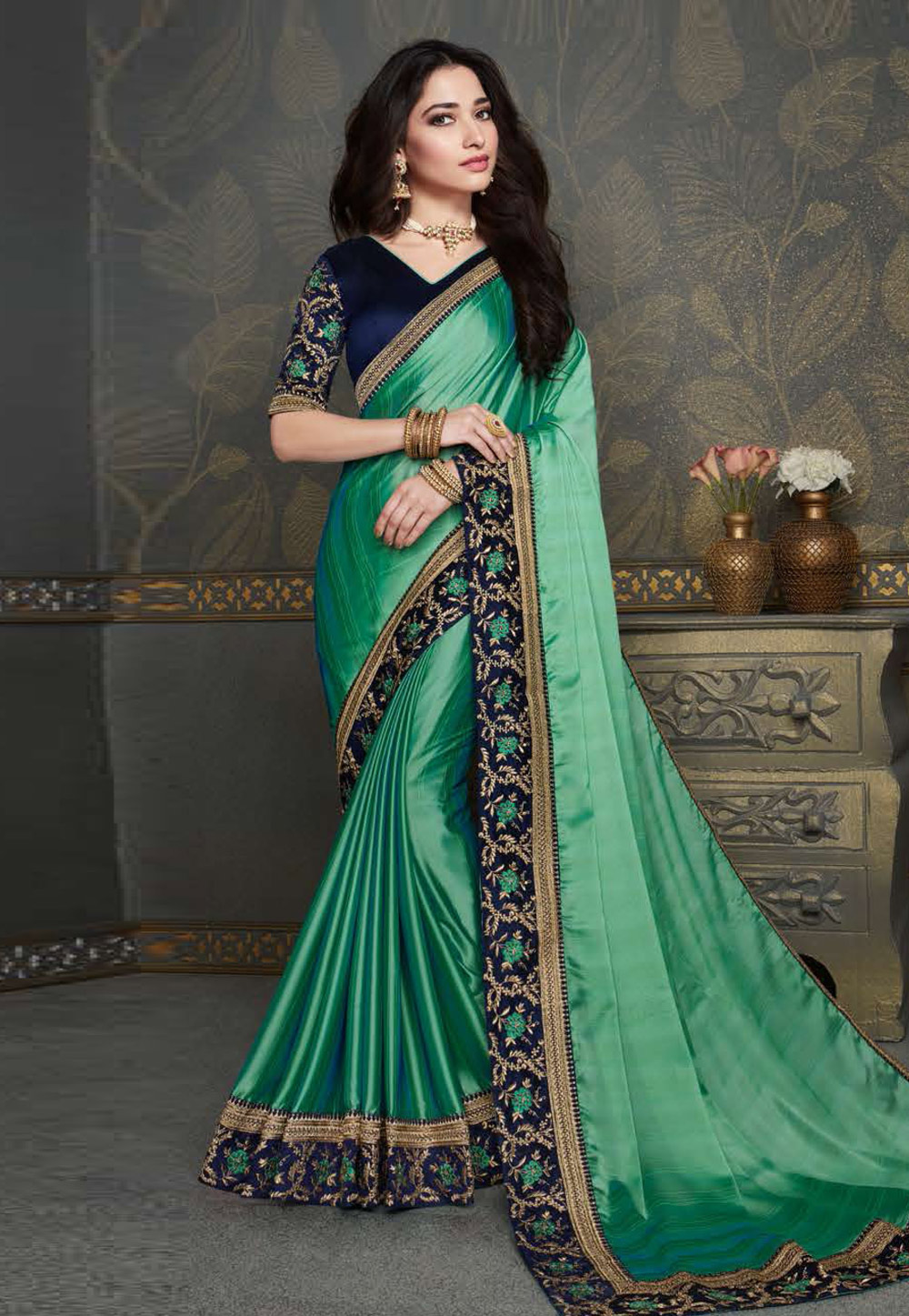 Tamannaah Bhatia Sea Green Satin Silk Party Wear Saree 220865