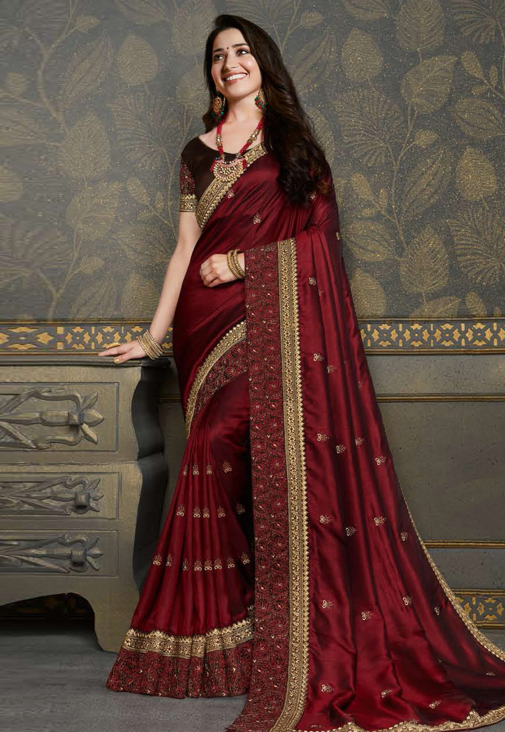 Tamannaah Bhatia Maroon Art Silk Party Wear Saree 220869