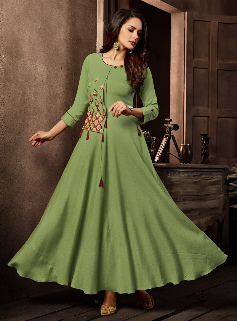 Green Cotton Readymade Long Gown 147783