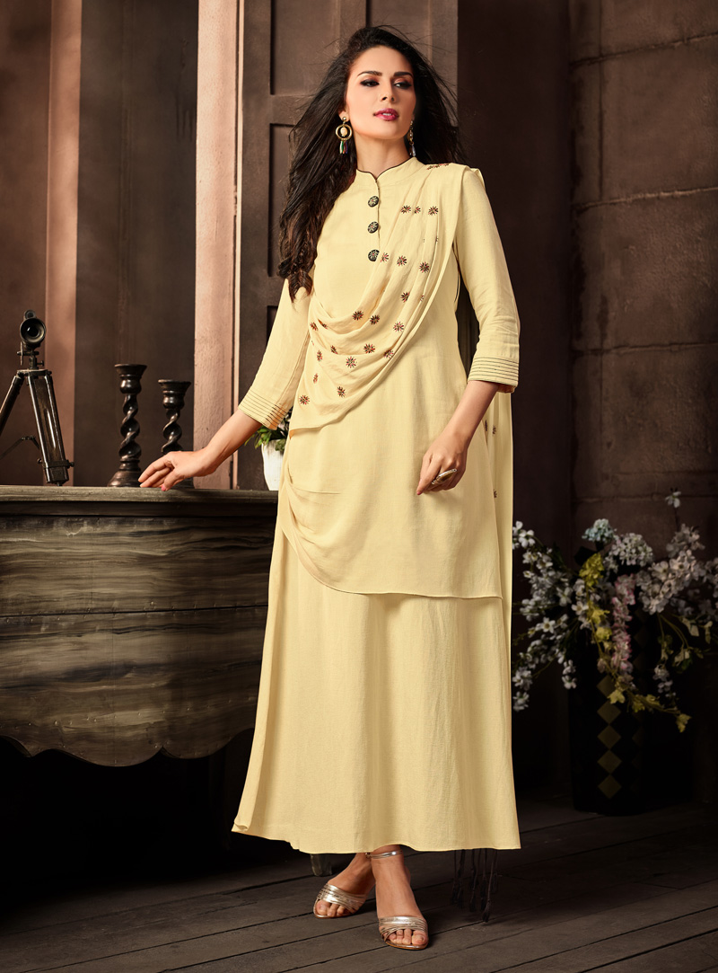Beige Cotton Readymade Gown 147788