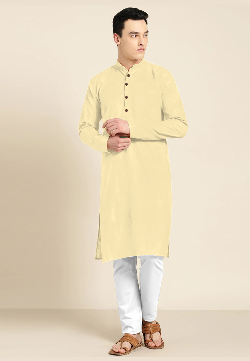 Yellow Cotton Silk Readymade Kurta Pajama 213234