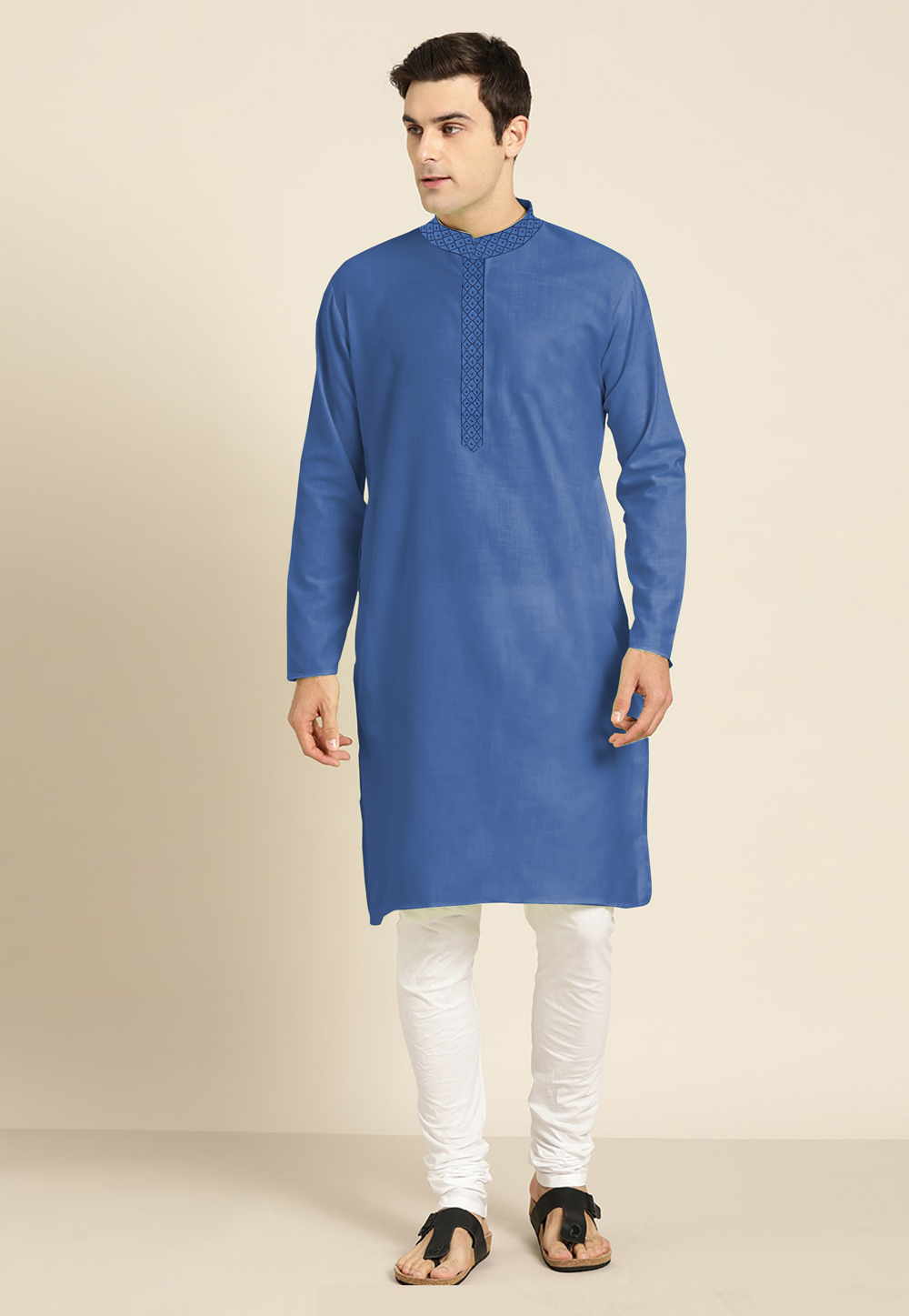 Blue Cotton Silk Readymade Kurta Pajama 212343