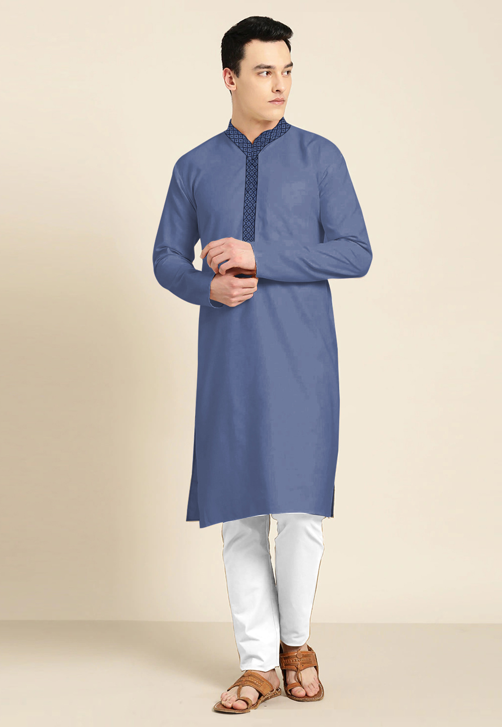 Blue Cotton Silk Readymade Kurta Pajama 212345