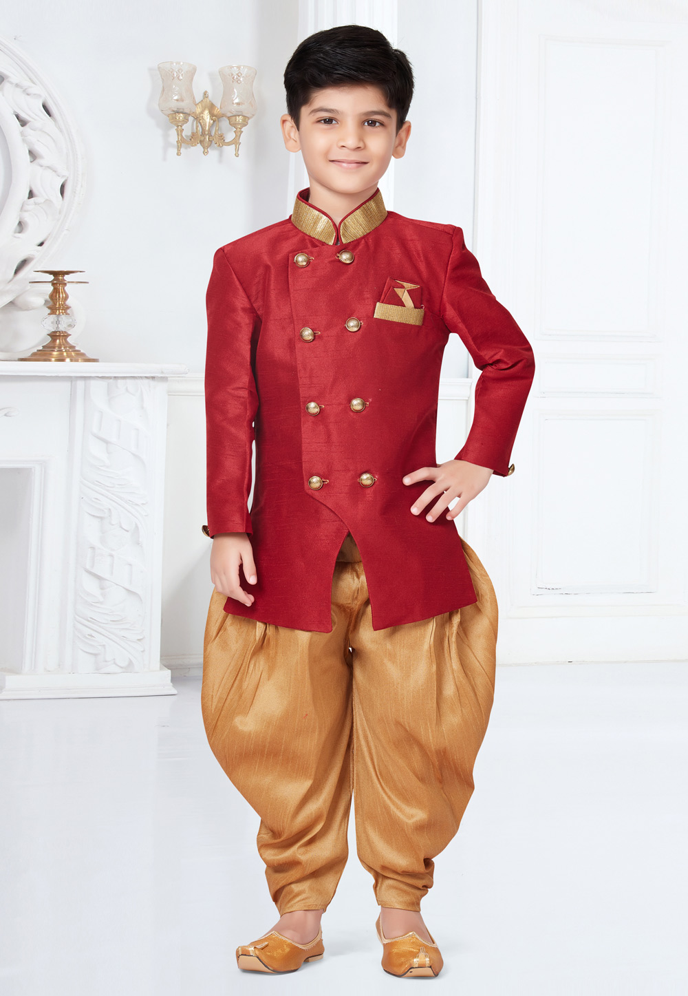 Maroon Silk Kids Indo Western Suit 252140