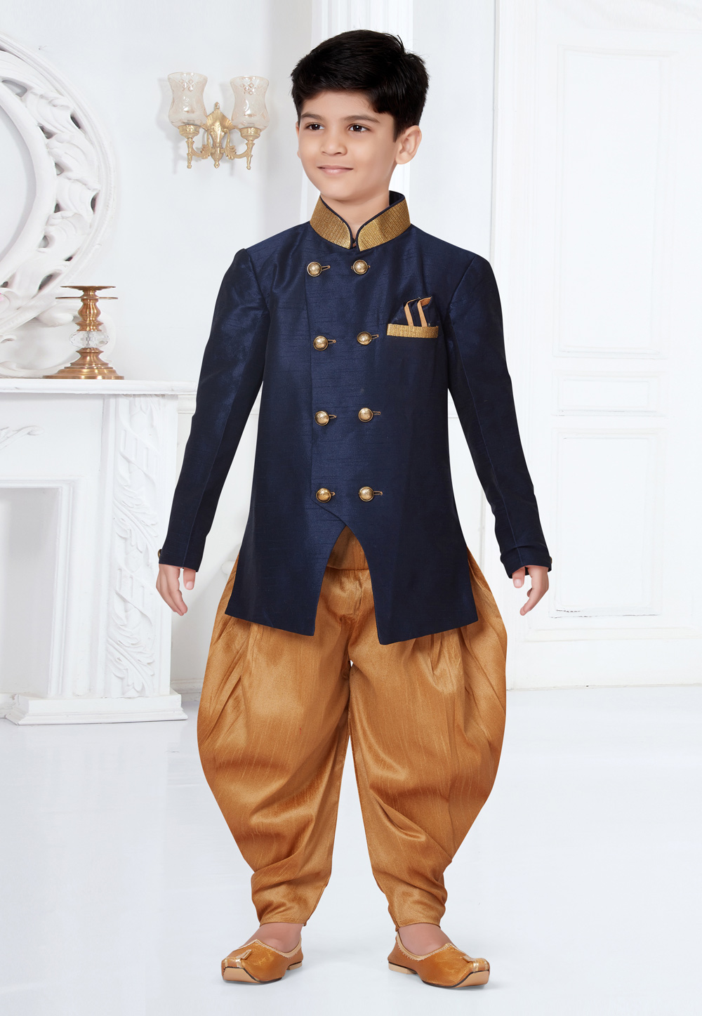 Navy Blue Silk Kids Indo Western Suit 252143