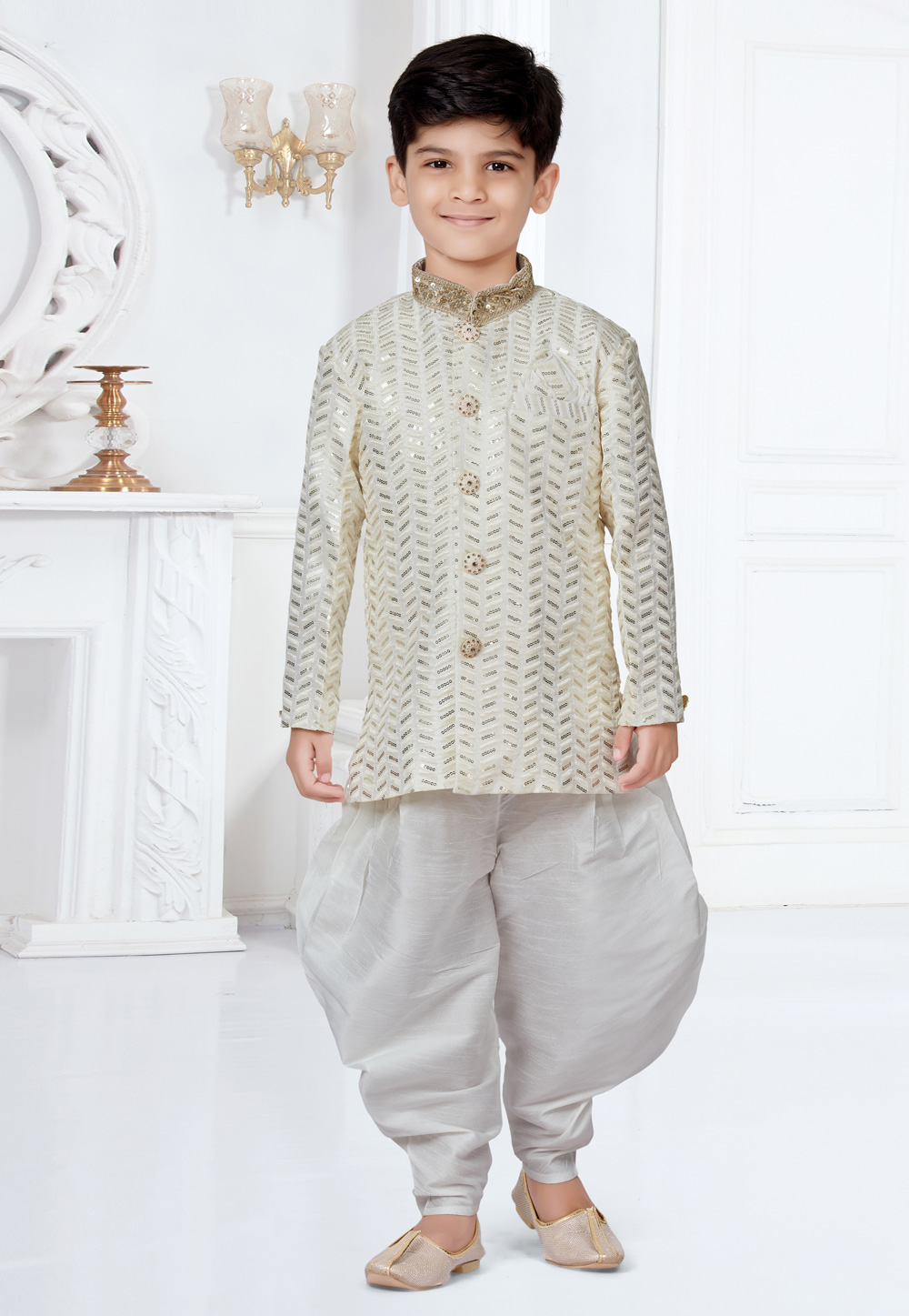 Cream Banarasi Silk Kids Indo Western Suit 252148