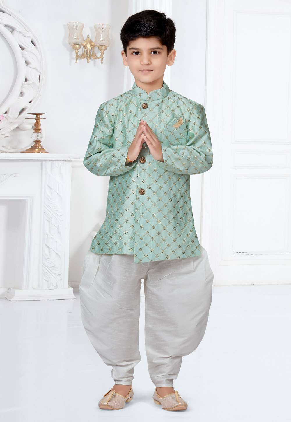 Sea Green Banarasi Silk Kids Indo Western Suit 252149