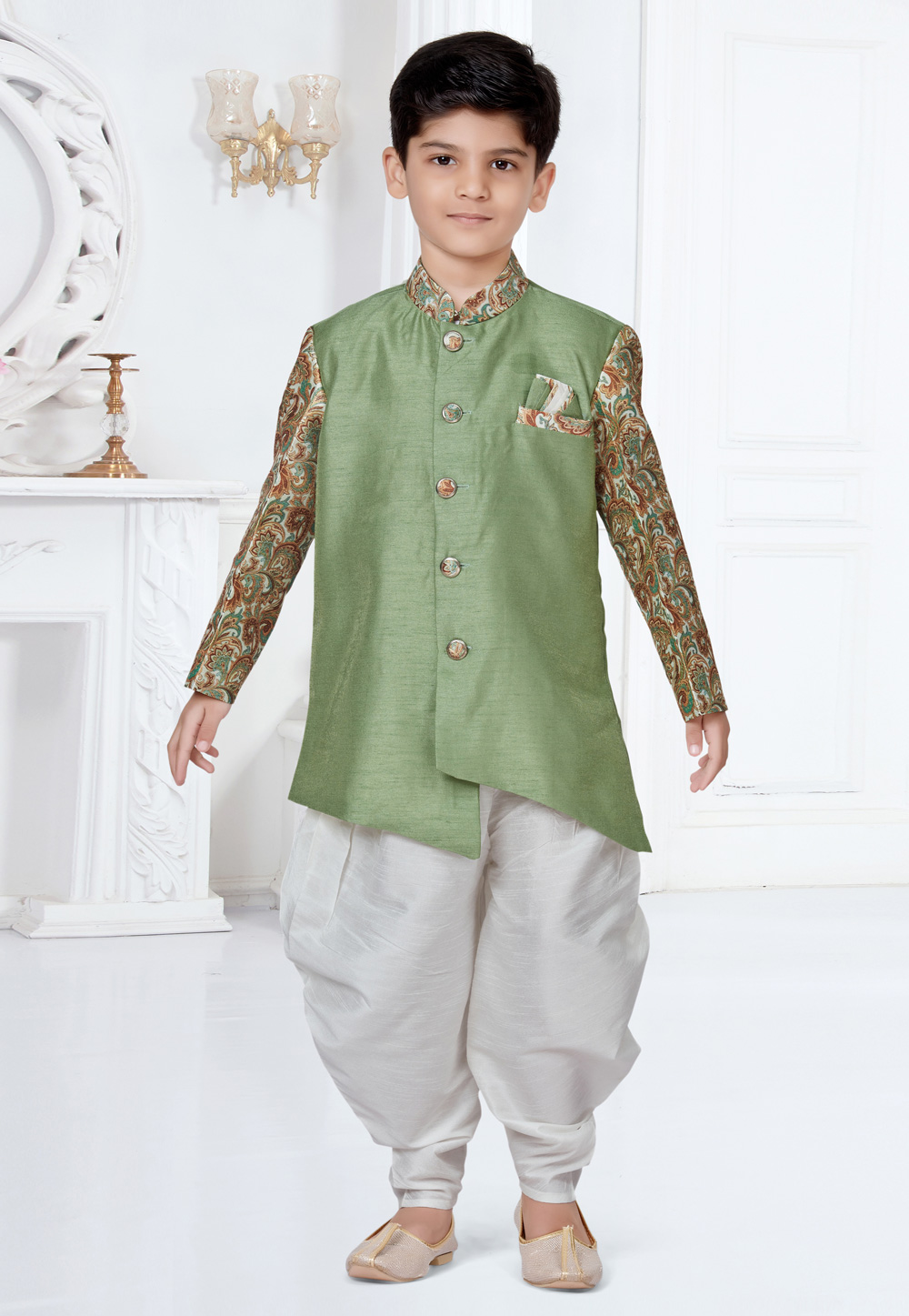 Light Green Silk Kids Indo Western Suit 252150