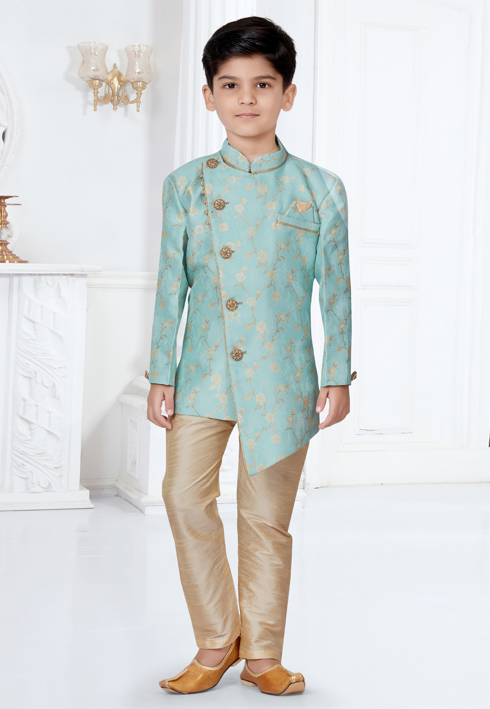 Sky Blue Jecquard Kids Indo Western Suit 252151