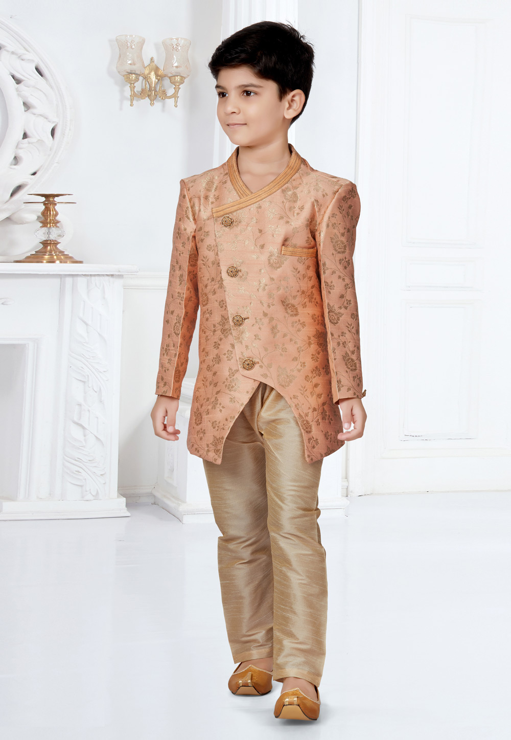 Boys' Gold Cotton Blend Sherwani Style Kurta Set - VASTRAMAY - 2721365