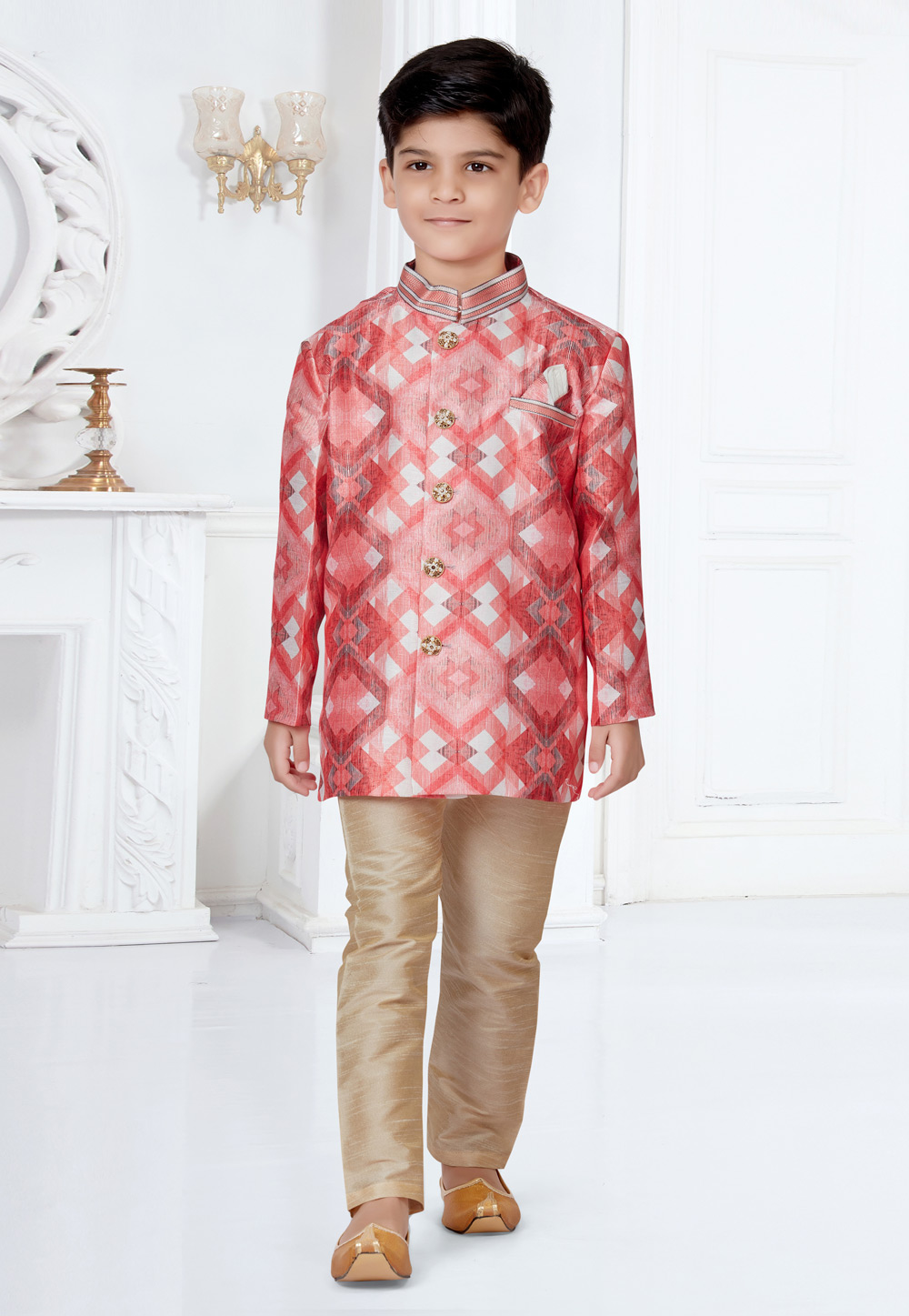 Pink Jecquard Kids Indo Western Suit 252153